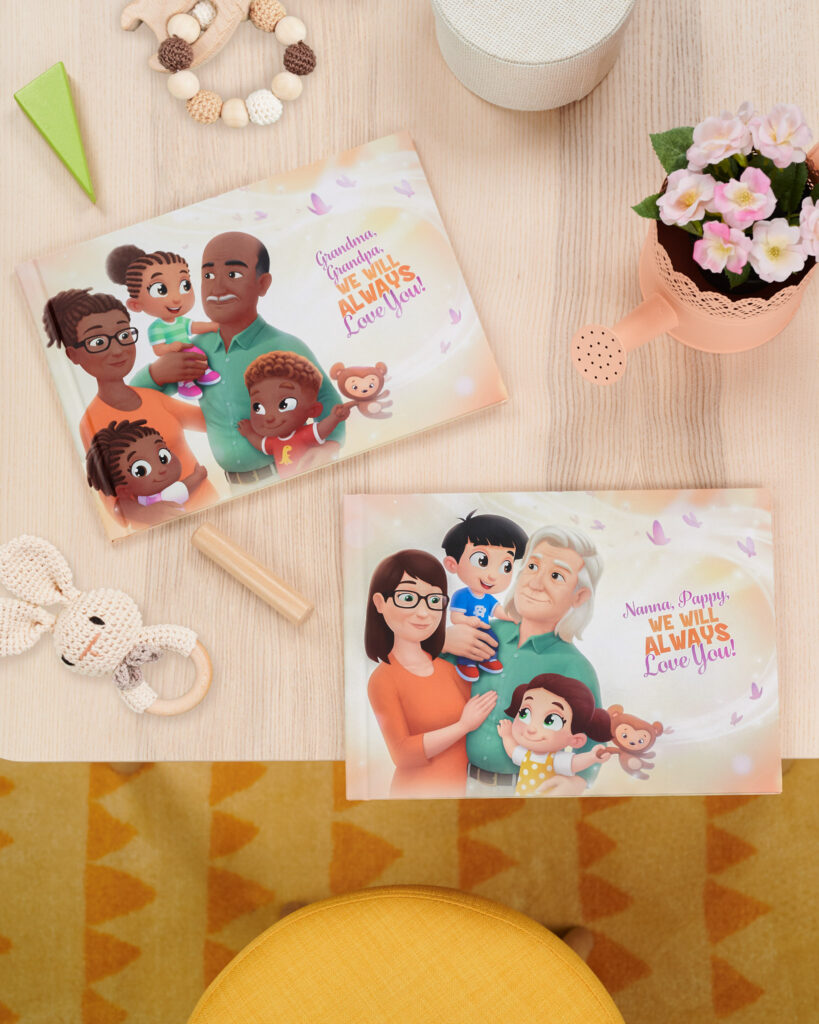 The covers of the personalized books for grandparents of 2 or 3 kids.