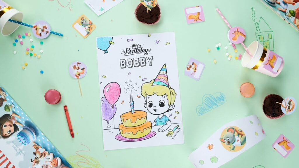 Personalised kids happy birthday colouring pages by Hooray Heroes.