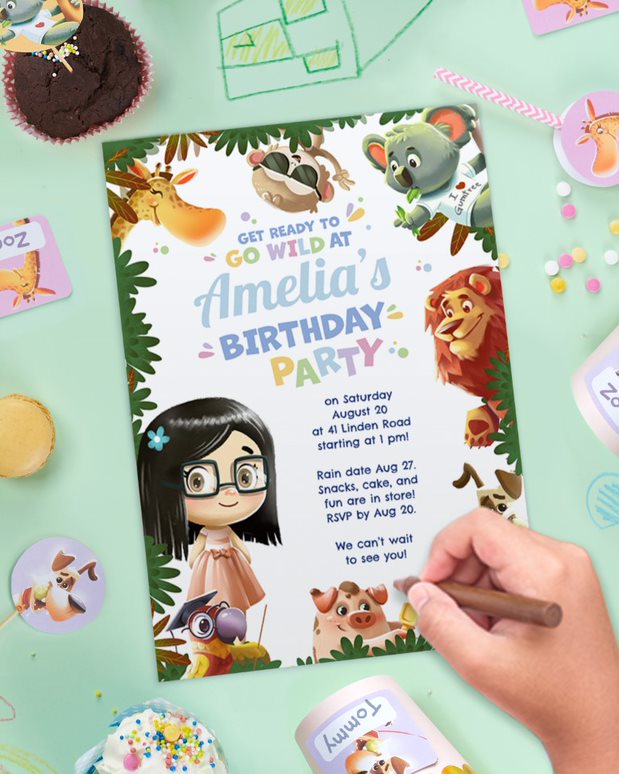 Personalized kids birthday party invitation with animals.