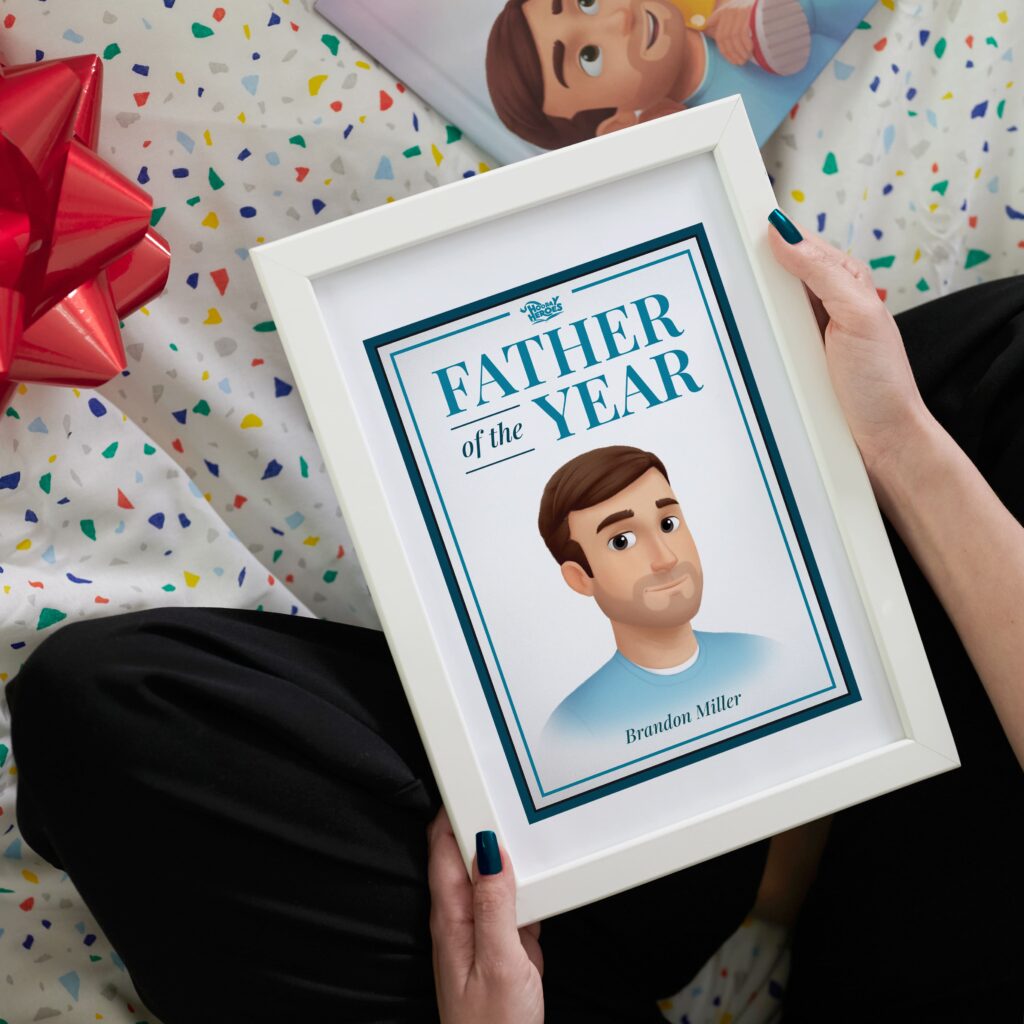 A woman sitting on a bed and holding a Free Personalized Father's Day Plaque﻿