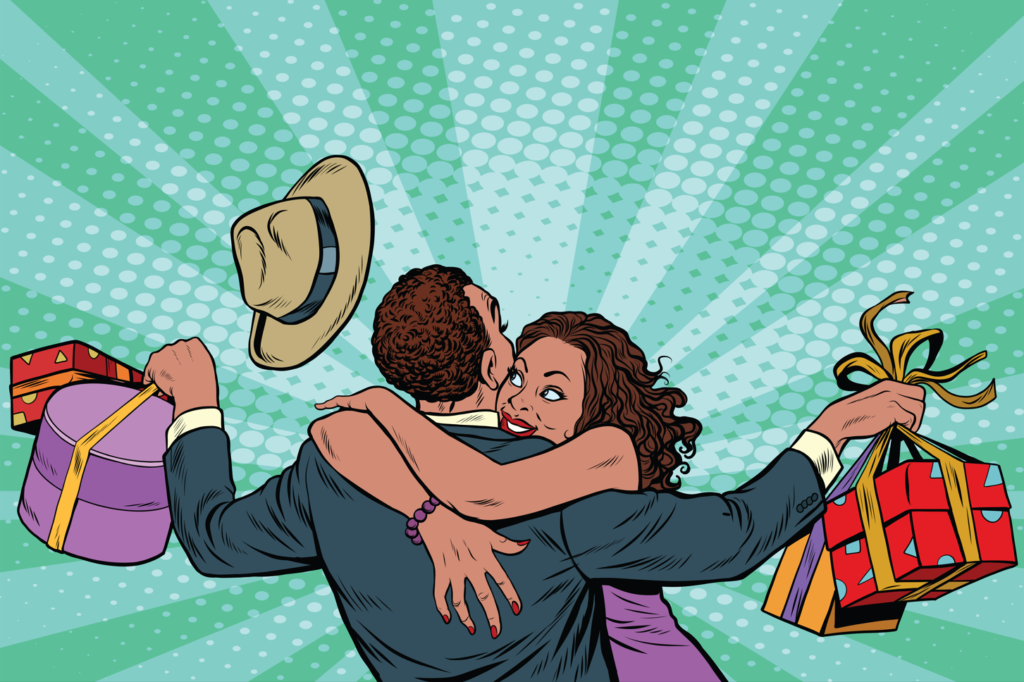 Comic-style picture of a girlfriend hugging her boyfriend who carries a lot of gifts.