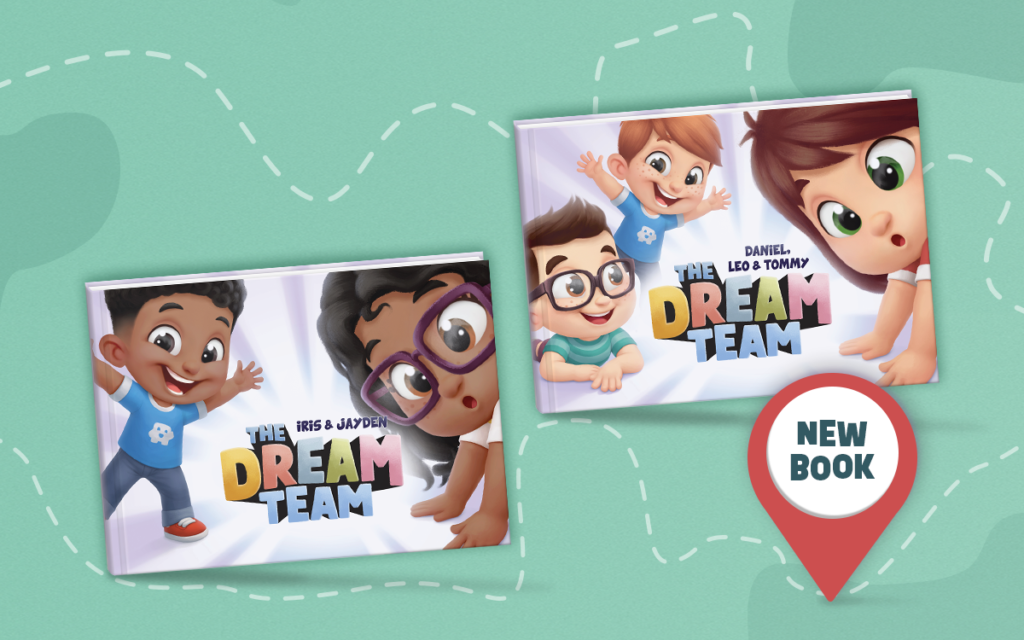 The covers of the new personalized books for siblings from Hooray Heroes called The Dream Team.