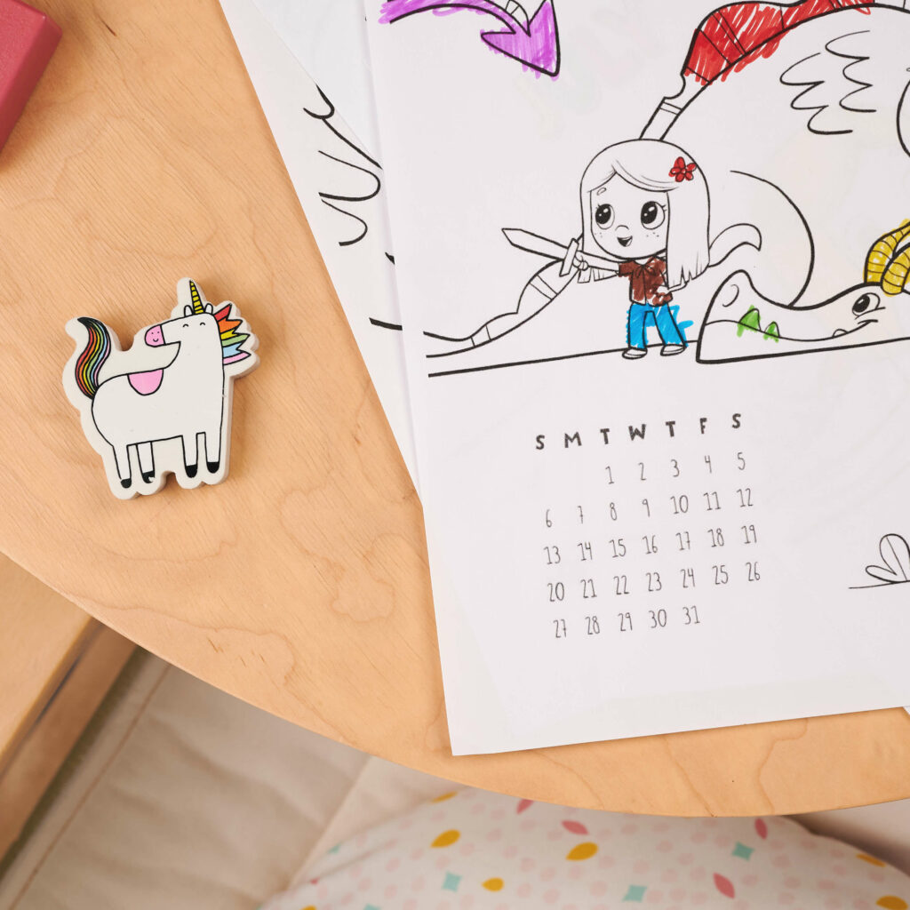 Free coloring calendar from Hooray Heroes. A colored-in illustration example.