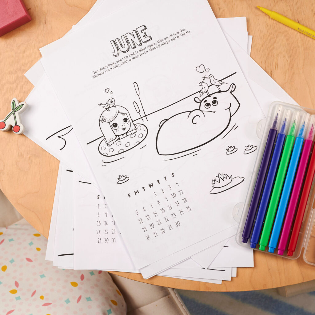 Free coloring calendar from Hooray Heroes. An illustration example for the month of June.