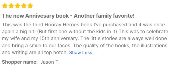 A five star review from customers for Hooray Heroes on Yotpo.