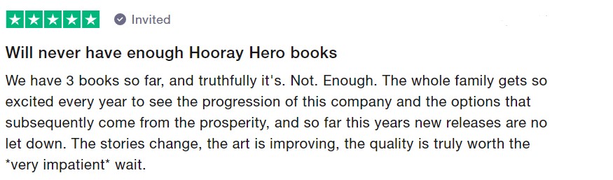 A five star review from customers for Hooray Heroes on Trustpilot.