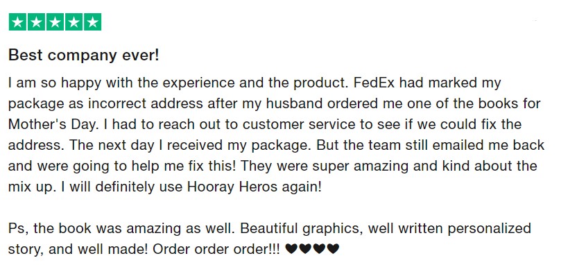 A five star review from customers for Hooray Heroes on Trustpilot.