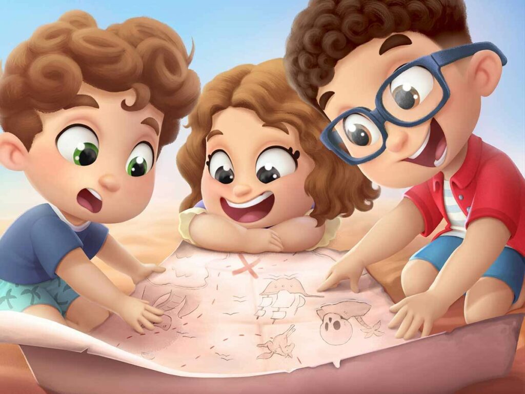 An illustration of the treasure map and 3 siblings from the personalized book by Hooray Heroes.