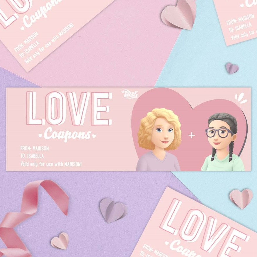 A set of personalized Hooray Heroes love coupons for same-sex couples.