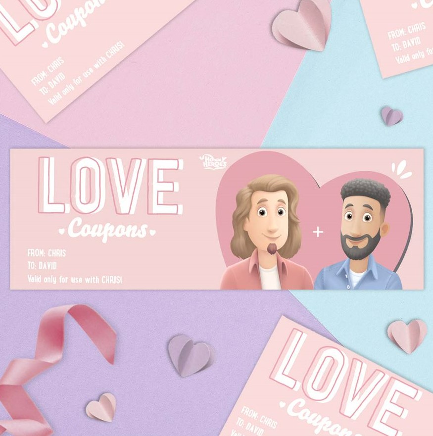A set of personalized Hooray Heroes love coupons for same-sex couples.