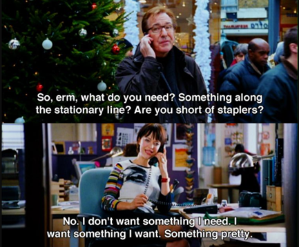 A still of a dialogue from the Christmas movie Love, Actually.