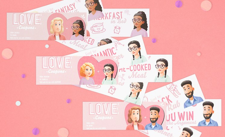 A few sets of Hooray Heroes personalized love coupons for couples.