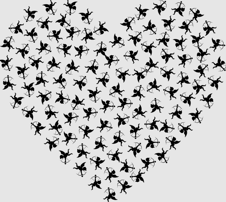 A heart made out of many tiny silhouettes of cupid. 