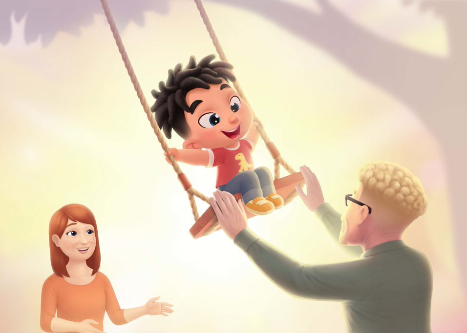 A personalized illustration of grandparents pushing a grandson on a swing.