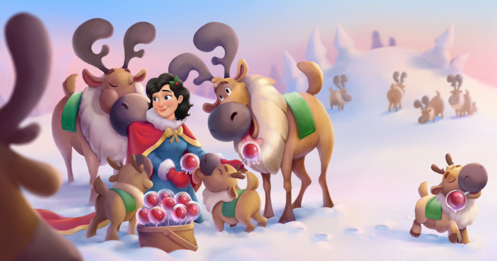 An illustration, showing a mom and raindeer in the personalized Xmas book by Hooray Heroes.