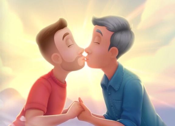 Two custom characters kiss in a DIY love book for same-sex couples. 