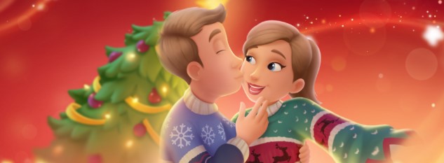 A couple kissing while wearing ugly christmas sweaters with a christmas tree in the background, from the best personalized xmas book for couples.