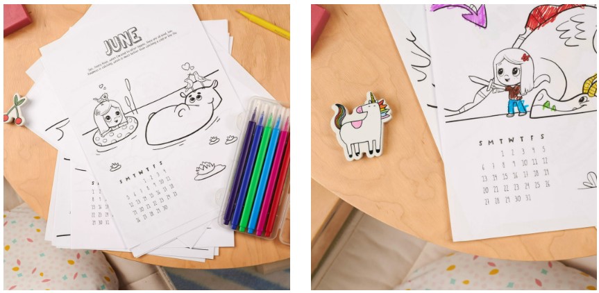Pages from a Hooray Heroes customised colouring calendar for kids. 