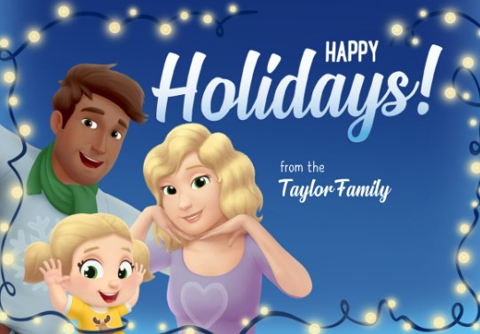 A Hooray Heroes personalised happy holiday card from families. 