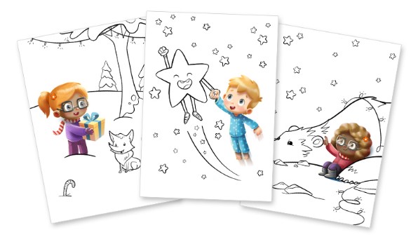 Pages from a Hooray Heroes personalised colouring book for Christmas. 