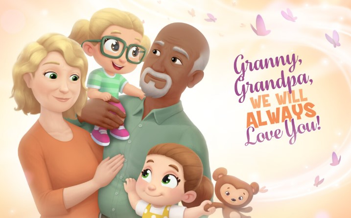 The cover of a custom book for grandparents and two children.