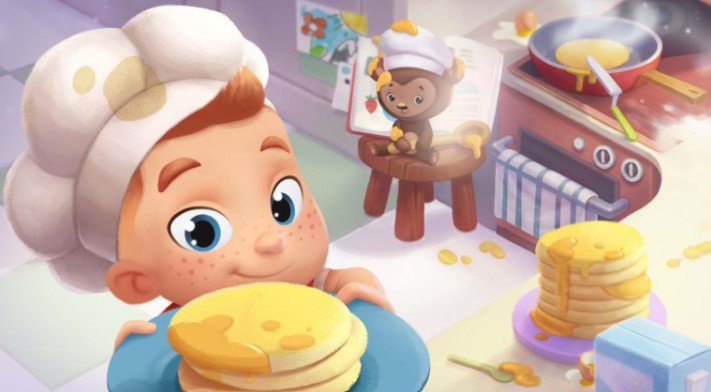 A little boy and his teddy bear making pancakes, from a custom book for up to three kids and their Mom or Dad. 