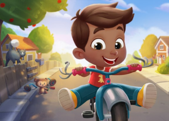 Child character riding a bike, an illustration from a custom book for father and child. 