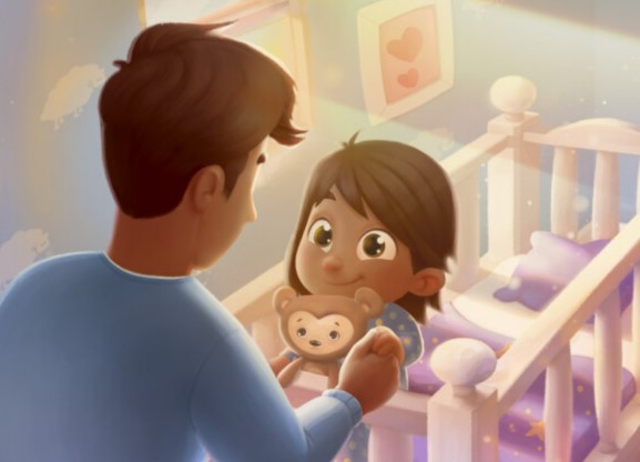 A father comes to wake his son up in the morning, from a custom book for dad and child.