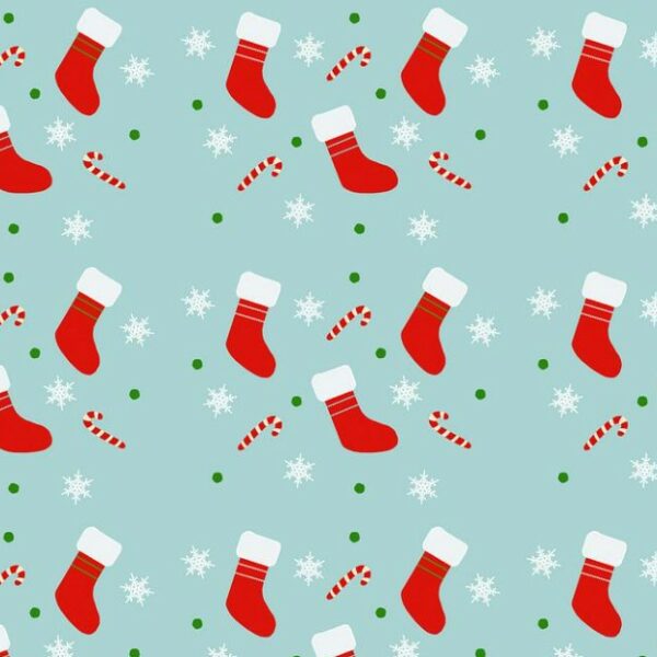 An illustrated picture of Christmas stockings, candy canes and snowflakes.