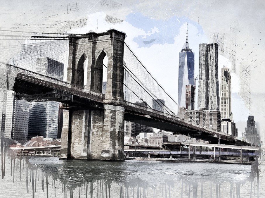 A watercolor painting of the Brooklyn Bridge and city skyline.