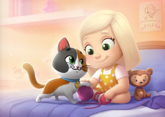 A child pets her cat on her bed, from a personalized book for children and animals.