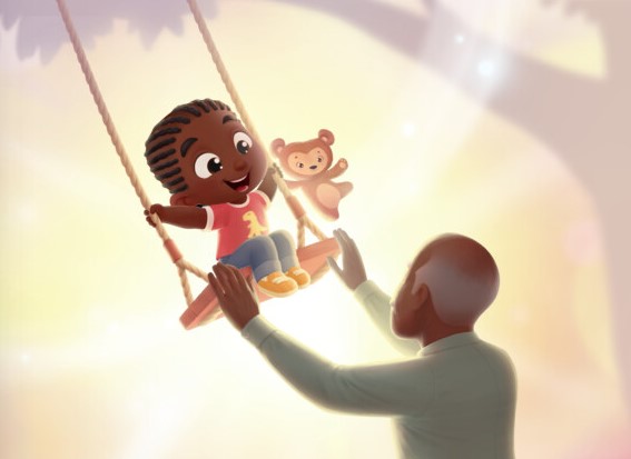 A grandfather pushes his grandson on the swing, a page from a custom book for grandparents and grandchildren.