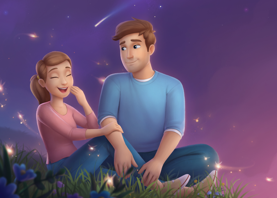 A detailed illustration of a man and a woman at night surrounded by fireflies from Hooray Heroes new My Love book.