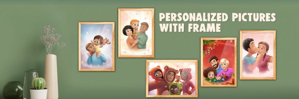 A number of personalized pictures hanging on a wall with different motifs.