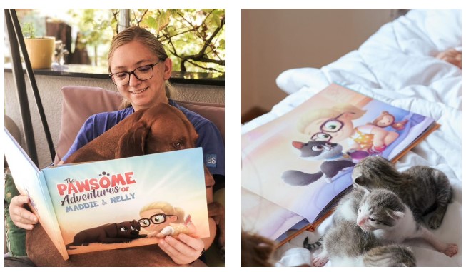 A woman reading her dog a personalized book for her and her dog alongside a couple of kittens sitting next to a custom pet book. 