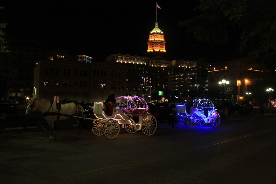 A nightime shot of the city of San Antonio.