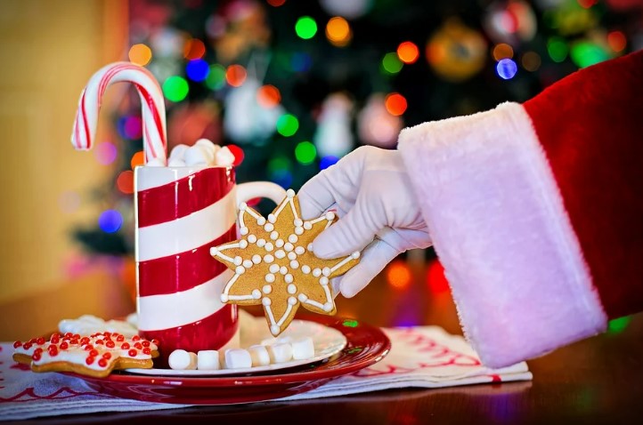 Santa taking a cookie from a plate also holding a large mug of hot chocolate with a candy cane in it.