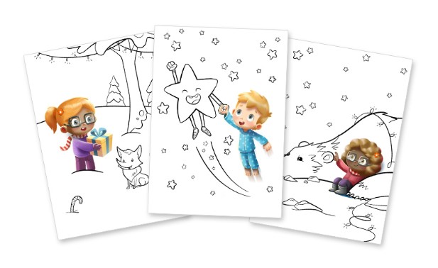 Sample pages from a personalized Christmas coloring book for kids. 