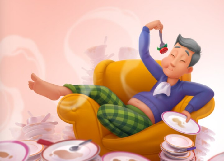 An illustration of a man eating as he sits comfortably on a recliner from a personalized book for same-sex couples.