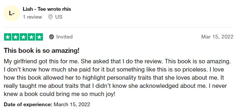 A five star trustpilot review of a boyfriend who got a personalized book from their girlfriend for Valentine's Day.