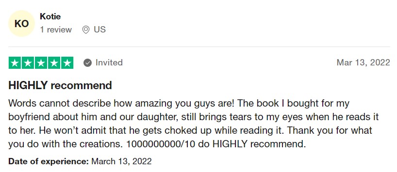A 5 star review from a customer who bought a Hooray Heroes custom book for her boyfriend and daughter.