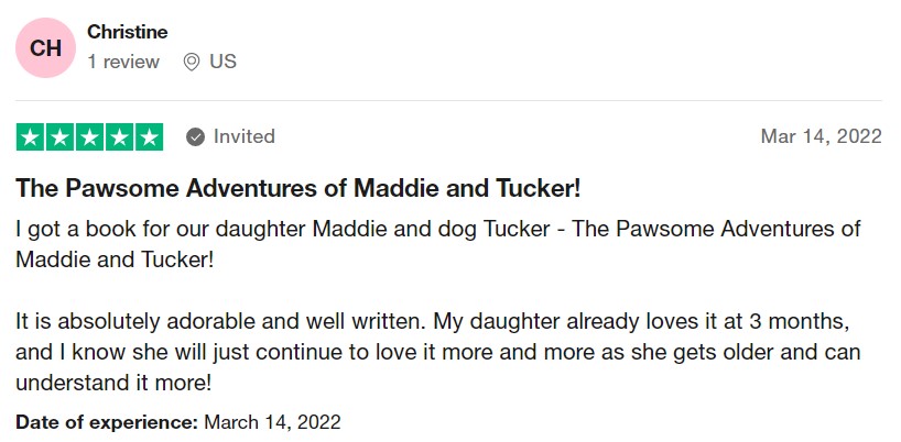 A 5 star review from a customer who bought a Hooray Heroes custom book for their daughter and dog.