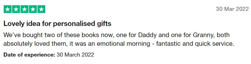 A five star trustpilot review of a customer who got a personalized book for someone special for Christmas.