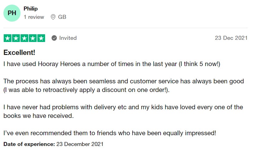 A 5 star review from a customer who bought a Hooray Heroes custom book for their family.