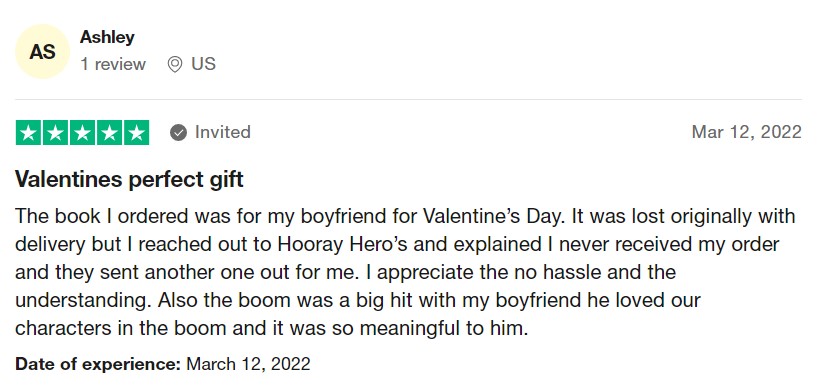 A five star trustpilot review of a customer who ordered a personalised book for Valentine's Day.