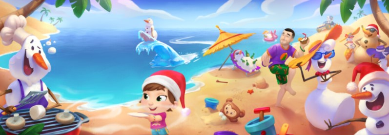 A snowman party on the beach with bbq and music, a page from a personalized Christmas book for mom or dad and one child.