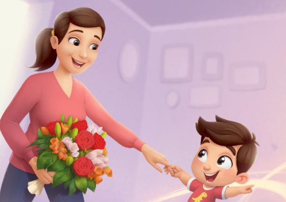 Grandma and grandchild holding hands after granny receives a bouquet of flowers, from a DIYY book for grandmothers.