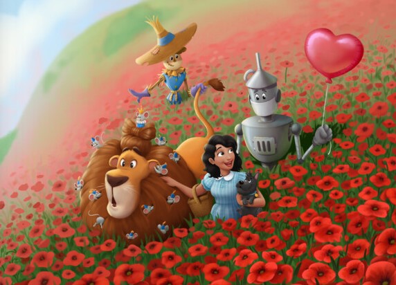 Mom with a lion, tinman and scarecrow in a field of poppies, a page from a custom book for mommy.