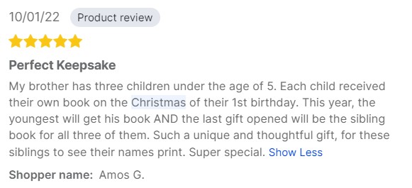 A 5 star review on YotPo for Hooray Heroes custom books.