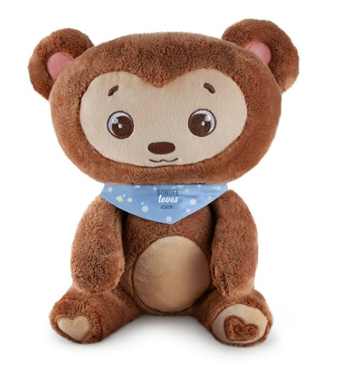 A photo of a Bondee teddy bear plushie with a personalized bandana from Hooray Heroes.